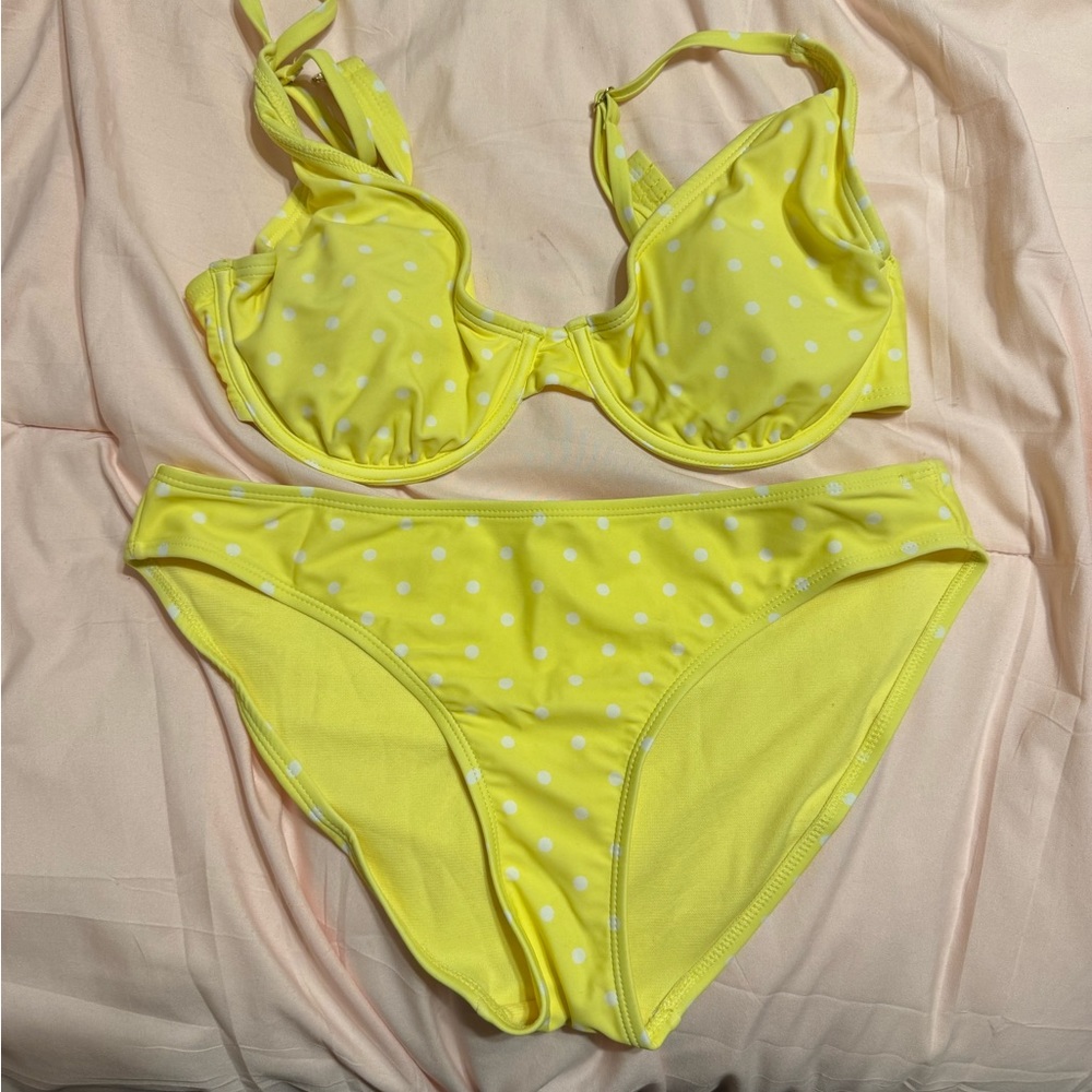 Yellow polka dot two piece swim suit, top size large, bottom size medium
